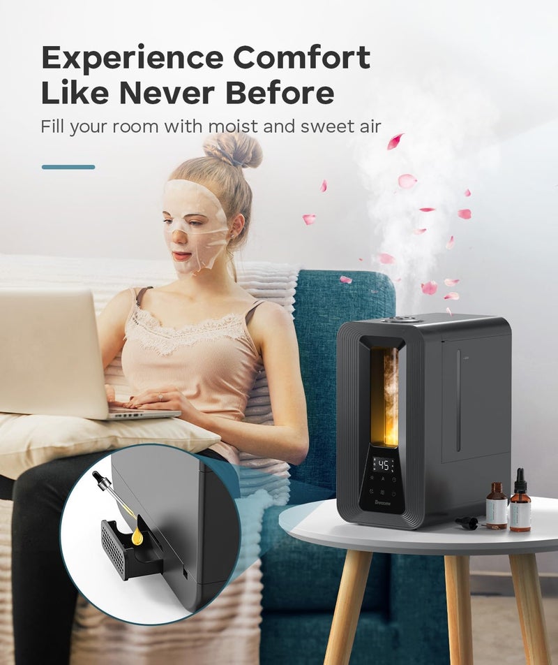 BREEZOME مرطبات 6 لتر لغرفة النوم، مرطب ضباب بارد بتصميم تعبئة علوية مع موزع عطر، جهاز قياس الرطوبة، ضوء ليلي، 50 ساعة تشغيل، مرطبات فوق صوتية هادئة للمنزل، غرفة كبيرة، حضانة الأطفال، النباتات - Image 4